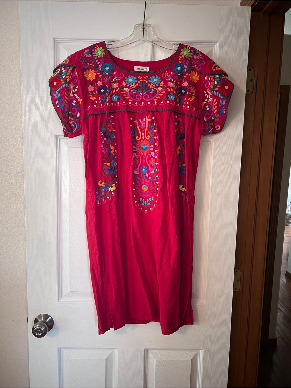 Embroidered Red Midi Dress with Floral Accents